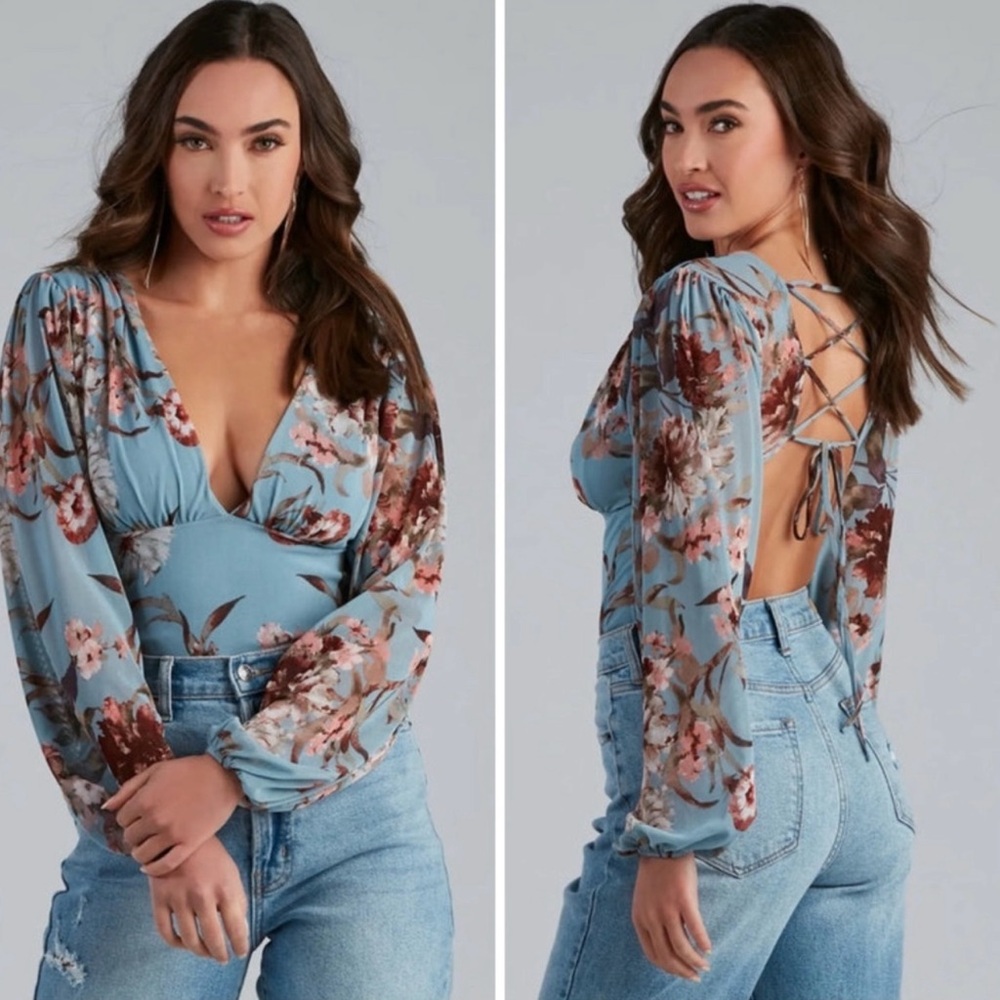 NWOT Windsor Blue Floral Lace-Up Back Bodysuit